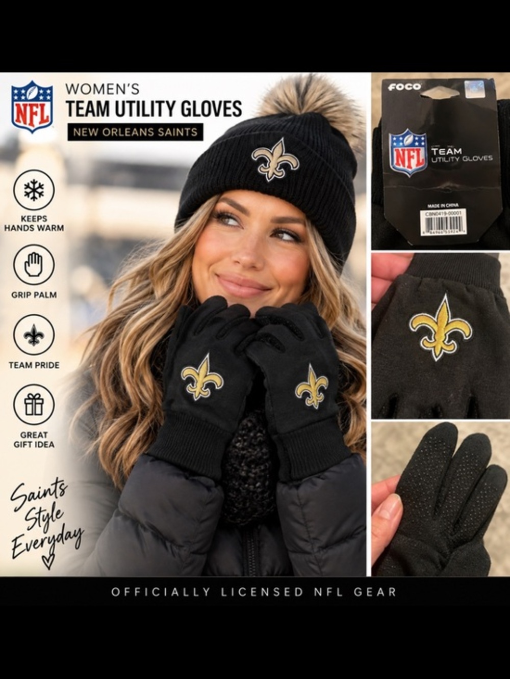 NFL New Orleans Saints Women’s Black Utility Gloves New